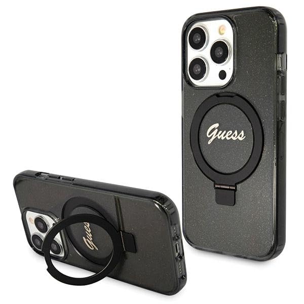CG Mobile Guess GUHMP14XHRSGSK Coque de Protection pour iPhone 14 Pro Max 6,7" Noir Coque Rigide avec Anneau Support Script Paillettes