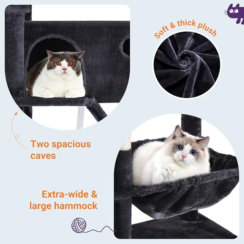 Image of Allewie 81 Inches Tall Cat Tree /Multi-Level Large Climbing Tree House and Towers for Big Feline /Condo and Hammock /Scratching Post /Wide Base /Dark Grey
