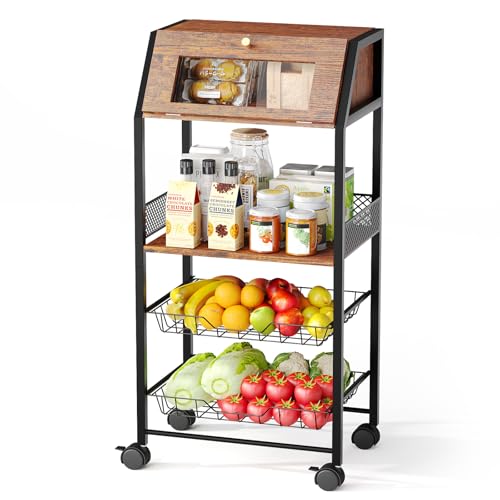 Homsorout Rolling Kitchen Cart with Bread Box and 2 Pull-Out Wire Baskets - 4-Tier Storage Cart on Wheels with Lockable Casters, Wood Top and Metal Frame for Kitchen, Bathroom, and Pantry (Brown)