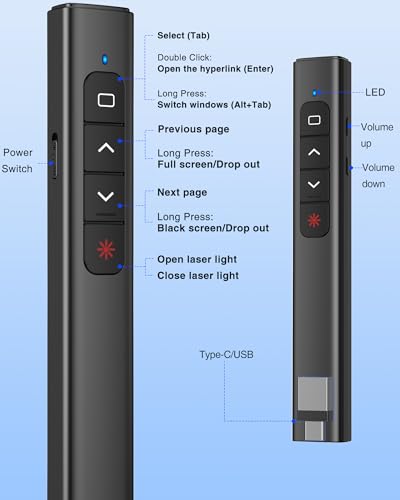 Elegamefy Wireless Presenter, 2-in-1 USB C Presenter mit Laserpointer für Mac Windows Linux Powerpoint Präsentation Fernbedienung