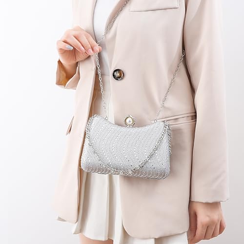 Image of Women's Clutch Crystal Rhinestone Purse With Chain Pearl Clasp Evening Wedding Diamond Handbag