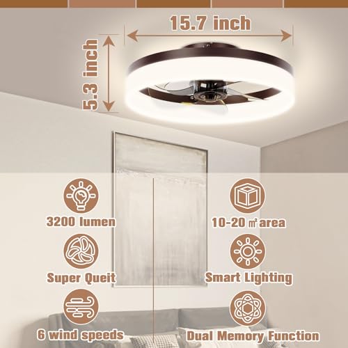 Image of VOLISUN Low Profile Ceiling Fans with Lights and Remote,15.7in Modern Ceiling Fan Flush Mount, 3000K-6500K Dimmable Bladeless LED Fan Light,Brown Fandelier Ceiling Fans with Lights for Bedroom