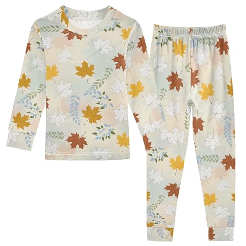 Pajama Sets Long Sleeve Autumn Leaves Pattern Design Soft Comfy Sleepwear 2 Piece PJS 3-8T