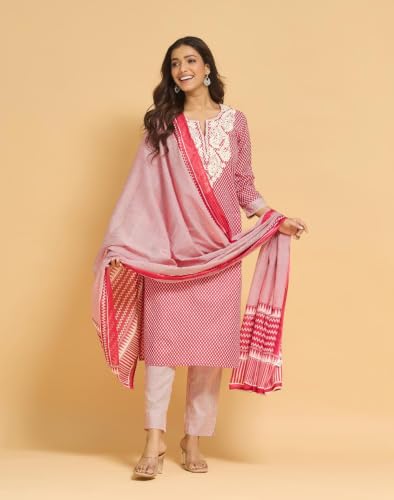 Image of Fabnu by Fabindia Women's Cotton Embroidered Kurta Pant Dupatta Set