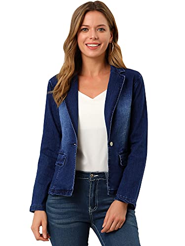 Allegra K Women's Notched Lapel One Button Long Sleeve Washed Business Denim Blazer