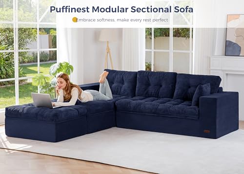 Image of MAXYOYO 104 inch U Shaped Modular Sectional Sofa with 2 Ottomans, Cloud Boneless Couch with Layered Cushion, Flexible Module Combination Sofa for Living Room, No Assembly Required, Navy