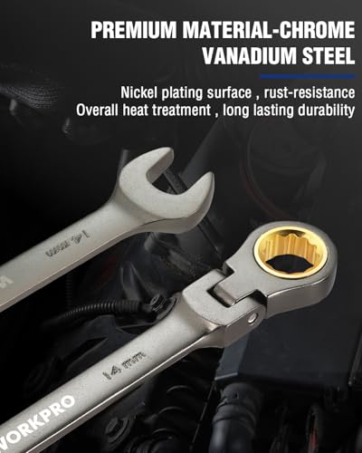 Image of WORKPRO 14 mm Flex-Head Ratcheting Combination Wrench, Nickel Plating | Cr-V Constructed, 72-Teeth, 12 Point Design, Metric, For Home Improvement, Auto Repairs, Plumbing, Constructions, Machinery