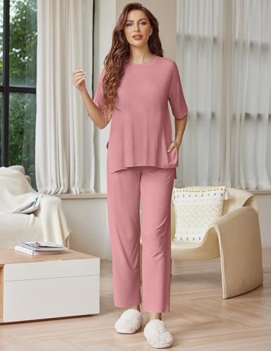 Image of Ekouaer Lounge Sets for Women Short Sleeve Tops and Long Pants Soft Comfy Pajamas Set 2 Piece Outfits