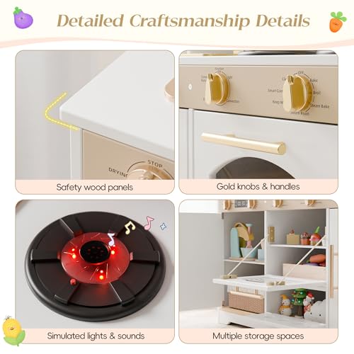 Callales 35.8" Play Kitchen Set for Kids, Toddler Toy Kitchen, 23 in 1 Wooden Kids Kitchen Playset with Toy Food and Cookware Accessories, Gift for Ages 3+ Girls Boys, White & Gold - Image 4