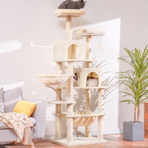 Image of Heybly Cat Tree, 70 inches Tall Cat Tower condo with Toy for Indoor Large Cats, Cat House Furniture with Padded Plush Perch, Cozy Hammock and Sisal Scratching Posts,Beige HCT032M