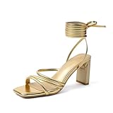 Amoji Women 3 Inch Strap Up Heels Lady Heeled Sandal Ankle Strappy Wedding Party Dressing Dress Shoes 331 Gold Heels Size 7 women