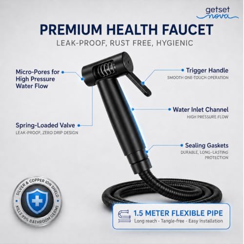 Image of Health Faucet Stainless Steel Handheld Bidet Sprayer with 1.5m Hose | Bathroom Hand Shower | Leakproof, Rust Resistant | Easy Installation. (Full Set Jet Spray Black)