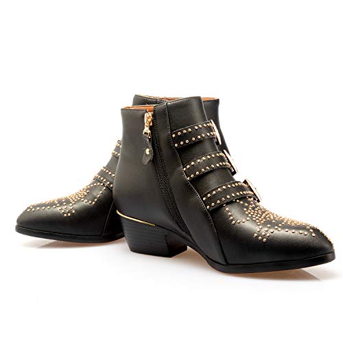 Comfity Boots For Women, Women's Leather Booties Rivets Studded Shoes Metal Buckle Low Heels Ankle Boots Black Gold 7.5 Us #TOP6