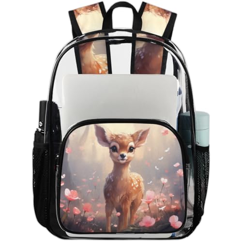 Beautiful Flowering Sika Deer Clear Backpack Stadium Approved PVC Backpacks for Adults Heavy Duty Clear Bag for Work Security Travel College