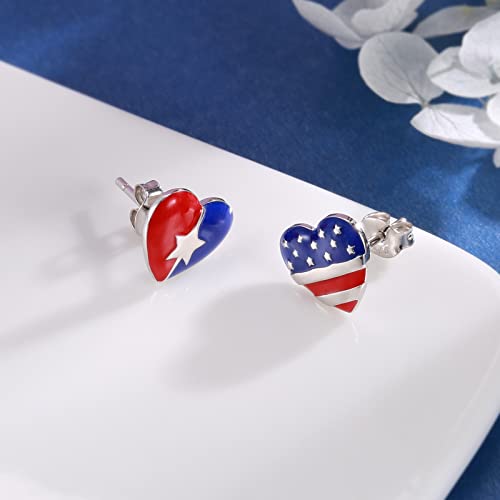 Patriotic American Flag Earrings For Women: 925 Sterling Silver Usa Fourth Of July Stud Enamel Earring Patriotism Independence Day Red White Blue Heart Jewelry Gifts For Girls Teens (Heart) #TOP3