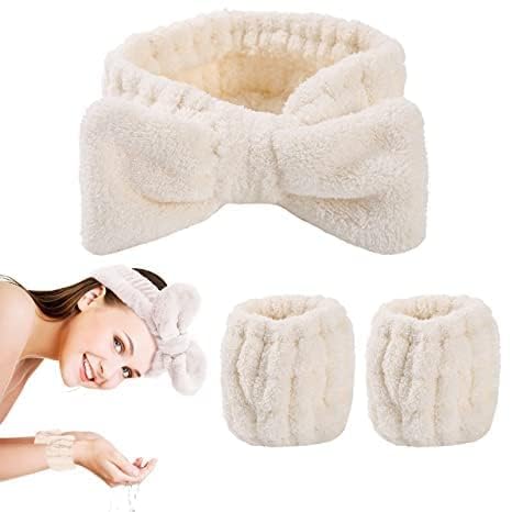 NETXE Dye Spa Headband For Washing Face And Matching Wristbands, Teen Girls Fuzzy Skincare Headbands, Kids Soft Facial Makeup Head Band, Shower Skin Care Girl Hair Sleepover Party Supplies