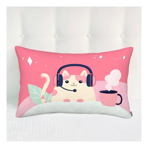 Siwehtu Couch Throw Pillows Cat Rectangle 20x30 Inches Decor Accent Pillows Cover for Picnic Cute Cat Pink Coffee Wear Headphones Pillow Cases Cushion Cover for Sofa Bedroom Hotel Home Kitchen