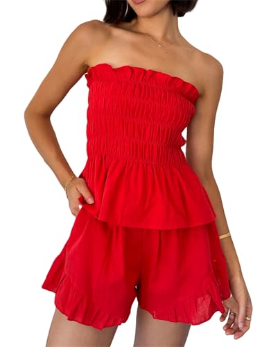 Image of Yuemengxuan Women Shirred Top Shorts Summer Outfits Set 2 Piece Striped Pajamas Set Sleeveless Ruched Bandeau Tube Top Shorts (Red #D, S)