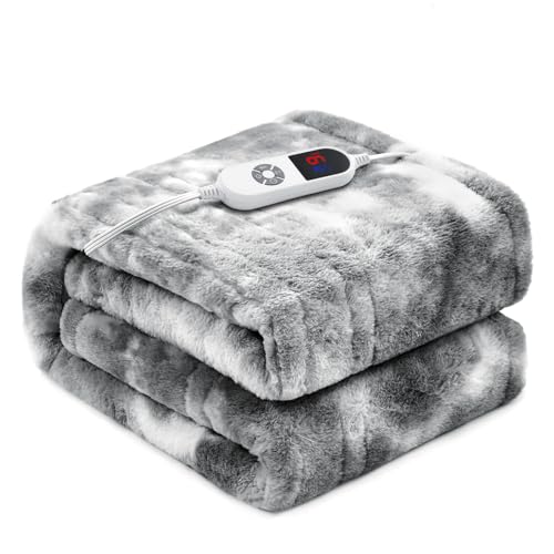 PTQ Electric Heated Blanket 50"x60",Luxury Grey Faux Rabbit Fur Electric