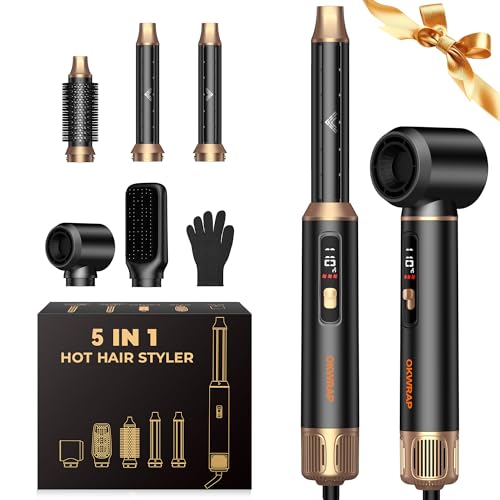OKWRAP Hairstyler 5 in 1, LCD Haarstyler Airbrush, Hair Styler Set Mit Rundbürstenföhn Haarstyler Warmluftbürste Föhn Lockenstab Luft Thermal Brush Hair Styler Set Für Glätten Trocknen Volumen Locken