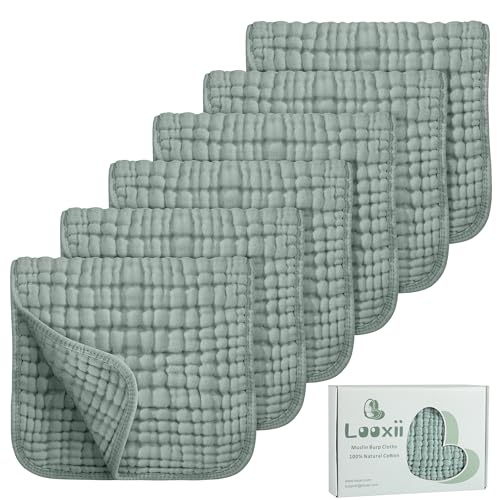 Image of Looxii Muslin Burp Cloths 100% Cotton Muslin Cloths Large 20''x10'' Extra Soft and Absorbent 6 Pack Baby Burping Cloth for Boys and Girls (Dark Green)