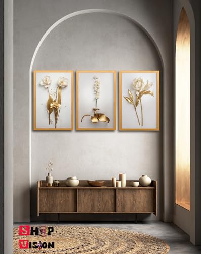 Quadro Decorativo 3 Peças Dourado Floral Branco Ouro Gold Sala Quarto Fácil Fixação com Fita Dupla F