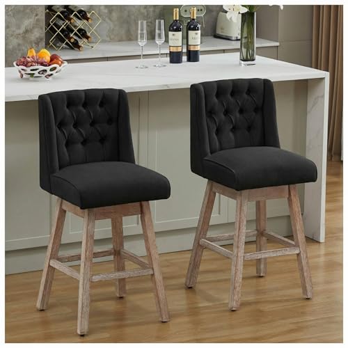 Image of 28 inch Swivel Bar Stools Set of 2, Counter Height Barstools with Back, Linen Fabric Upholstered Bar Stools, Modern Barstools Wood Legs for Kitchen Island Dining Room Bar