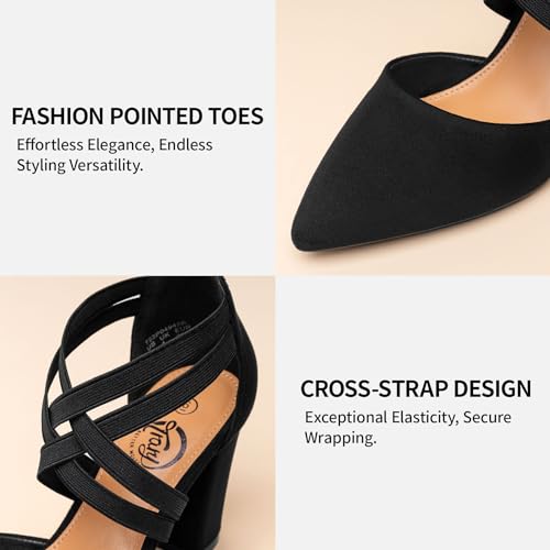 Trary Women's Low Heels Pumps Chunky Closed Pointed Toe Block Heels for Women Dress Shoes Elastic Crisscross Strappy 3.5 Inch Comfortable for Wedding Bridal Prom3