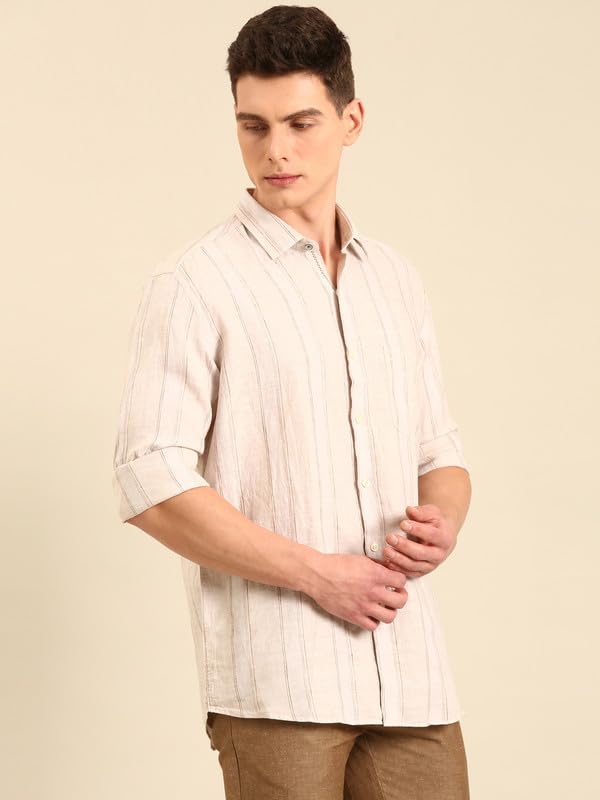 Image of Linen Club Men's Linen Rich Pink Striped Contemporary Fit Full Sleeve Casual Shirt