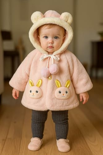 Image of Bold N Elegant Faux Fur Warm Winter Outerwear Hooded Baby Jacket Coat Blanket with Soft Plush Golden Bunny Ear for Infant Toddler Boy Girl Kids