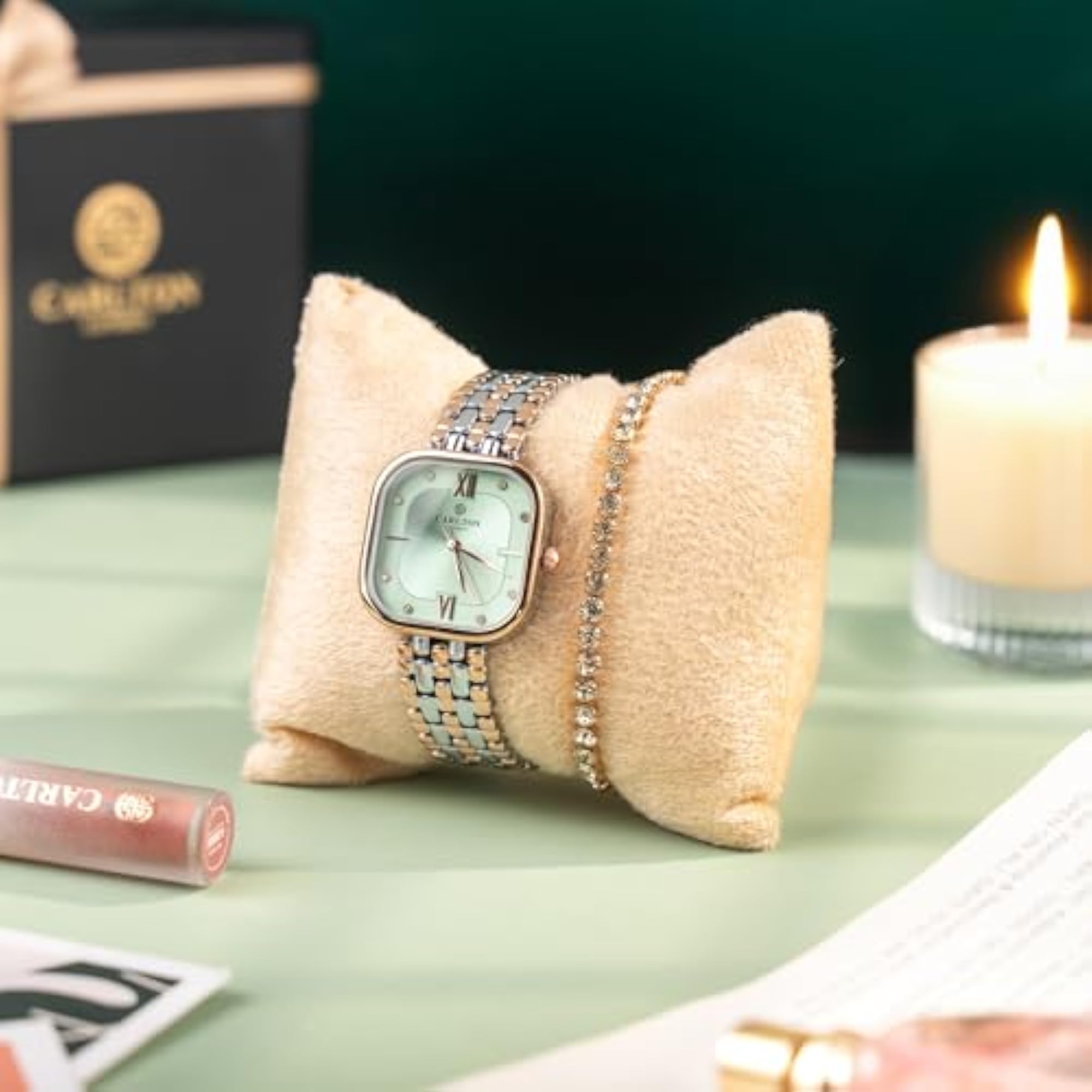 Women's Mint Green Dial Watch with Bracelet Set, Elegant Gift