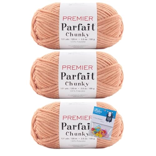 Image of Premier Yarns Parfait Chunky Chenille 3.5 Oz 6 Super Bulky Weight 3 Pack Bundle with Bella's Stitch Place Holders (Apricot)