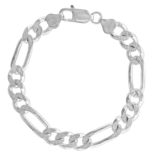 Sterling Silver Figaro Link Chain Necklaces & Bracelets 8mm Pave diamond cut Nickel Free Italy, 7-30 inch3