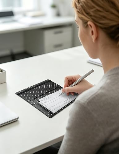 Image of Yarnic Checkbook Cover for Personal Checkbook Holder (Polka Black) | Check Book with Pen Holder & Built-in Clear Plastic Divider for Duplicate Checks