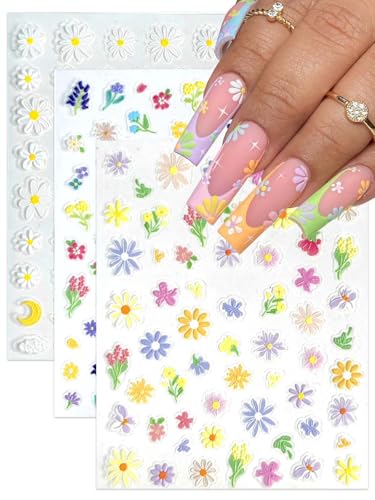 3pc 5D Spring Flower Nail Art Stickers Acrylic Nail Tattoo, Daisy Flower Nail Sticker Fingernail Tattoo Self-Adhesive Moon Leaf Nail Stickers Decals Nail Decoration for Acrylic/Gel Nails Design
