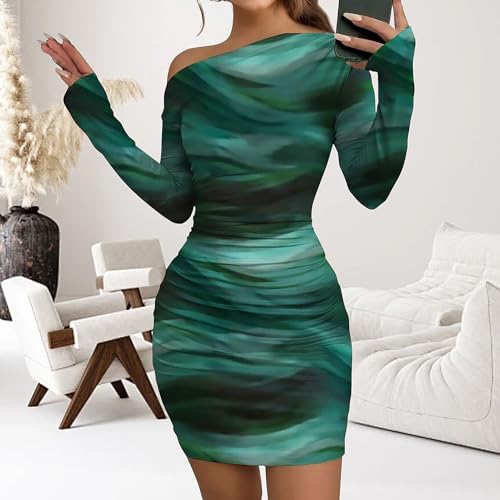 Image of Women's Long Sleeve Bodycon Mini Dress Tie Dye Print Slim Fit Asymmetrical Neck Elegant Formal Ruched Short Dresses