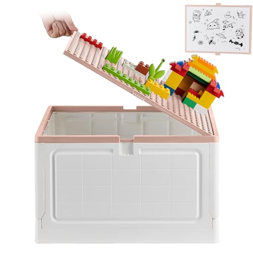 Toy Box Toy Chest with Building Lid for Duplo Blocks,38 Qt.Foldable Storage Bins with Drawing Board,36L Lego Storage Box for Boys and Girls,Lego Storage Organizer(1 PACK Pink)