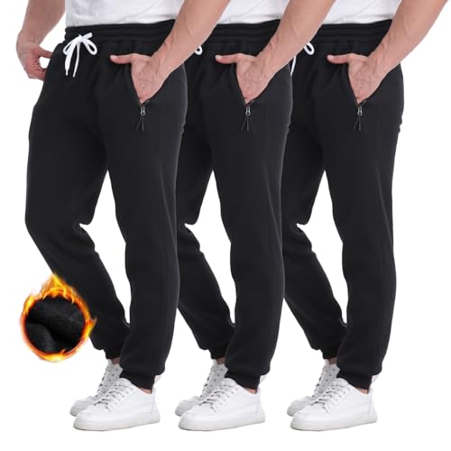 Mens Joggers Sweatpants,3 Pack Fleece Sweat Pants with Pockets/Zipper Pockets Athletic Workout Gym Joggers for Men