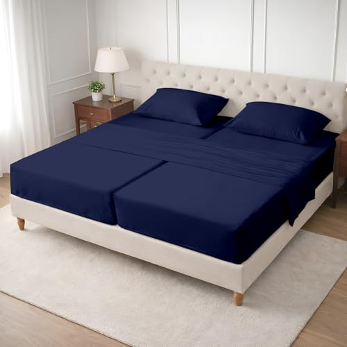 Image of SGI Split King Sheet Set for Adjustable Bed Egyptian Premium Cotton 600 Thread Count Sheets for Sleep Number Bed 15 inch Deep Pocket 5 Pc Set with 2 Twin XL Fitted Sheets Soft Breathable -Navy Blue