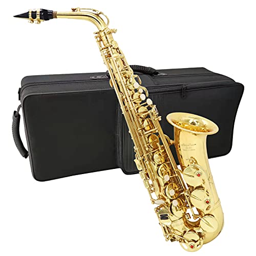 Alto Saxophone Gold Lacquer E Flat Jody Blues JAS-801 Beginner Student Sax with Tuner Mouthpiece Reeds Cloth Rod Pads Case