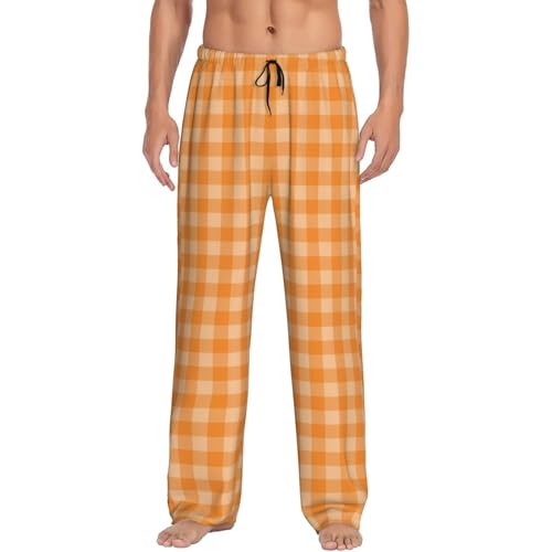 Mens Pajama Pants - Orange White Plaid Print (A) Soft Sleep Lounge Pants For Men, Casual Pj Bottoms With Pockets4