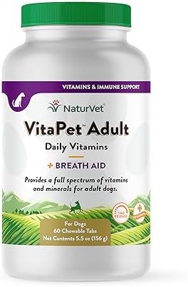 NaturVet VitaPet Adult Daily Vitamins Plus Breath Aid for Adult Dogs, 60 ct Time Release, Chewable Tablets, Made in USA