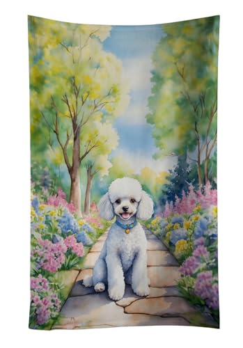 Caroline's Treasures White Poodle Spring Path Kitchen Towel Dish Cloths Guest Hand Towel Decorative Bathroom Towel for Face,Tea, Dishcloth, Kitchen and Bath