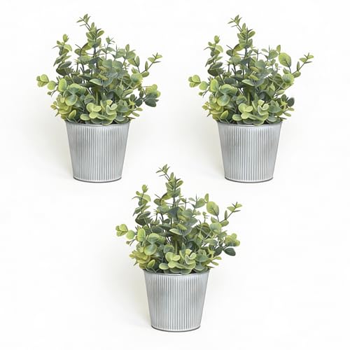 3-Pack Artificial Eucalyptus Plants in White Ribbed Galvanized Metal Pots,