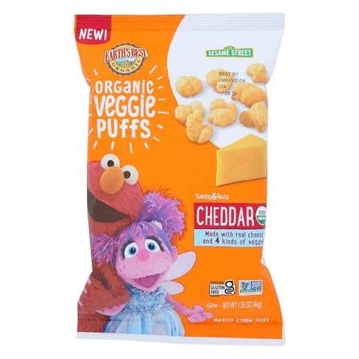Earth's Best Organic Kids Snacks, Sesame Street Toddler Snacks, Organic Cheddar Veggie Puffs, Gluten Free Snacks for Kids 2 Years and Older, Cheddar, 1.55 oz Bag