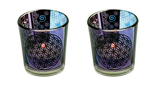 2 portalumini o portacandele Votive, in Vetro Dipinto con Fiore della Vita. Cm 6x5