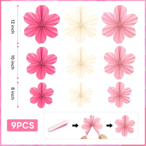 Image of Pink and Yellow Party Decorations Pink Floral Birthday Decoration Supplies | with Colorful Hanging Paper Flowers Tassel Garland and Swirls for Baby Showers Bachelorette Party Supplies Classroom Decor