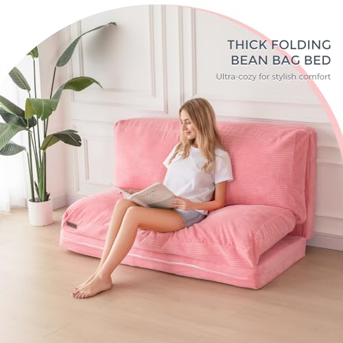 Image of MAXYOYO Folding Sofa Bed, Extra Thick and Long Floor Sofa Convertible Chair with Washable Cover, Floor Couch Lounge Bean Bag Bed for Living Room, Pink, 30x91 Inch
