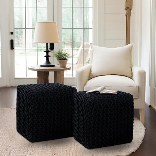 image for COTTON CRAFT Braided Cube Pouf - Hand Knitted Cotton Cord Cable Dori O