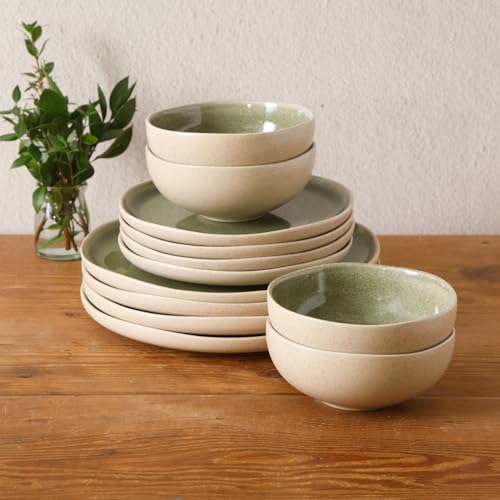 Image of Gibson Elite Manila Bay 12-Piece Stoneware Dinnerware Set, Service for 4, Reactive Glaze Modern Artisan Plates, Bowls & Mugs, Green, Round Design